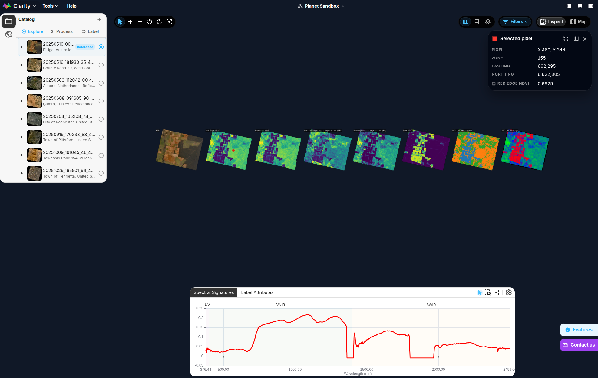 Planet sandbox interface in Metaspectral Clarity showing map, report, and spectral analysis panels